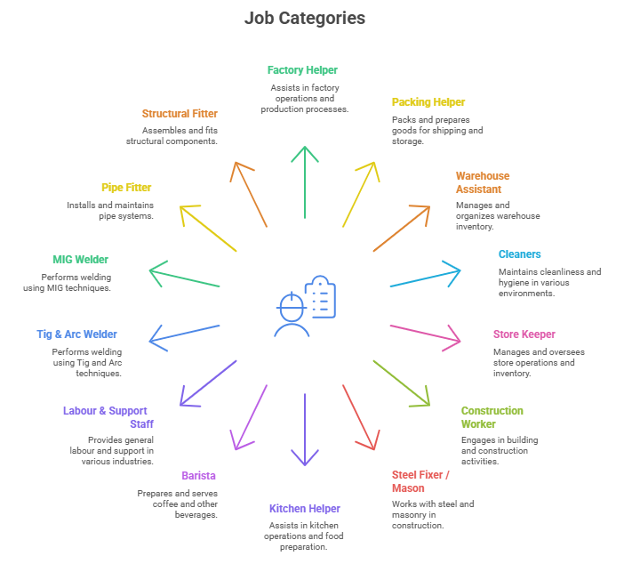 Infographic showing multiple job categories available for Russia manpower recruitment services, including factory helpers, welders, construction workers, cleaners, and warehouse staff.